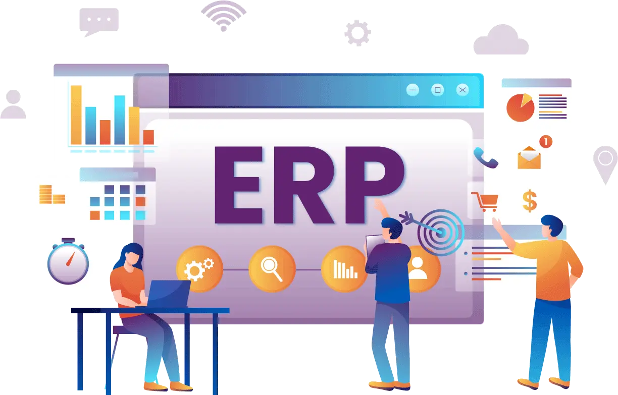 ERP çözümleri görseli: raporlama, stok, satış ve entegrasyon simgeleri