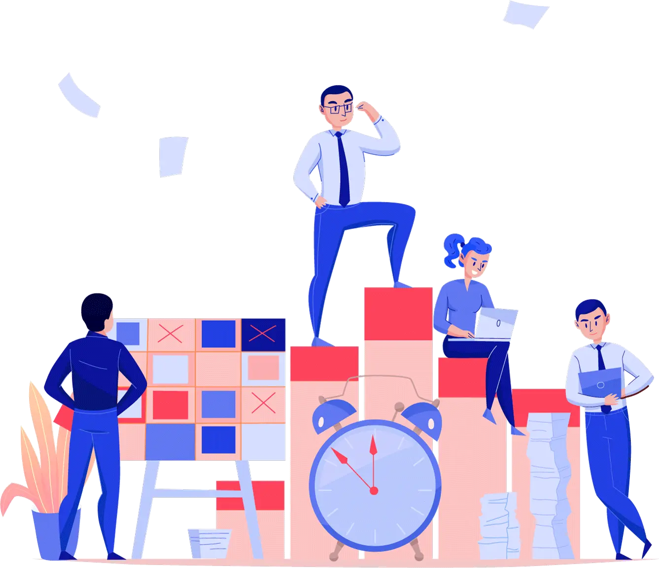 Süreç yönetimi illüstrasyonu: ekip, kanban panosu ve zaman planlama