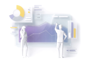 büyük bir ekranın önünde iş analitiği yapan Antsoft çalışanları illüstrasyonu